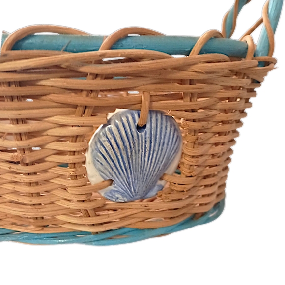 Wicker Basket Ceramic Insets Inlaid Beach Coastal Nautical Handles Bohemian Tan - Picture 9 of 16